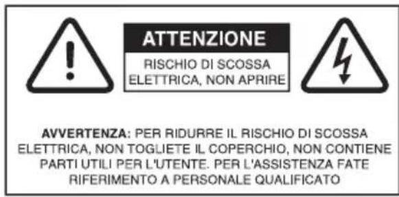 ATTENZIONE RISCHIO DI SCOSSA ELETTRICA, NON APRIRE AVVERTENZA: PER RIDURRE IL RISCHIO DI SCOSSA ELETTRICA, NON TOGLIETE IL COPERCHIO, NON CONTIENE PARTI UTILI PER L'UTENTE. PER L'ASSISTENZA FATE RIFERIMENTO A PERSONALE QUALIFICATO