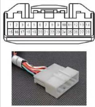 Diagram of a 16-pin connector with pin numbering and a close-up of its white plastic terminal (no text or symbols)