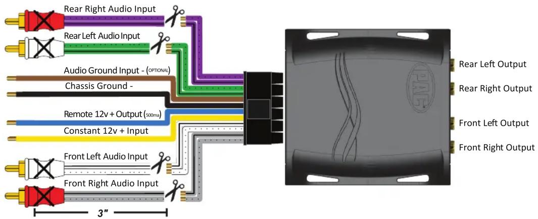 Rear Right Audio Input Rear Left Audio Input Audio Ground Input - (OPTIONAL) Chassis Ground - Remote 12v + Output (500ms) Constant 12v + Input Front Left Audio Input Front Right Audio Input 3"