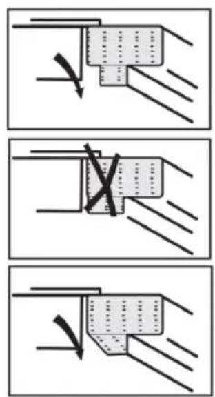 Diagram illustrating three stages of a mechanical or fluid system with directional arrows and cross marks indicating transition or failure.