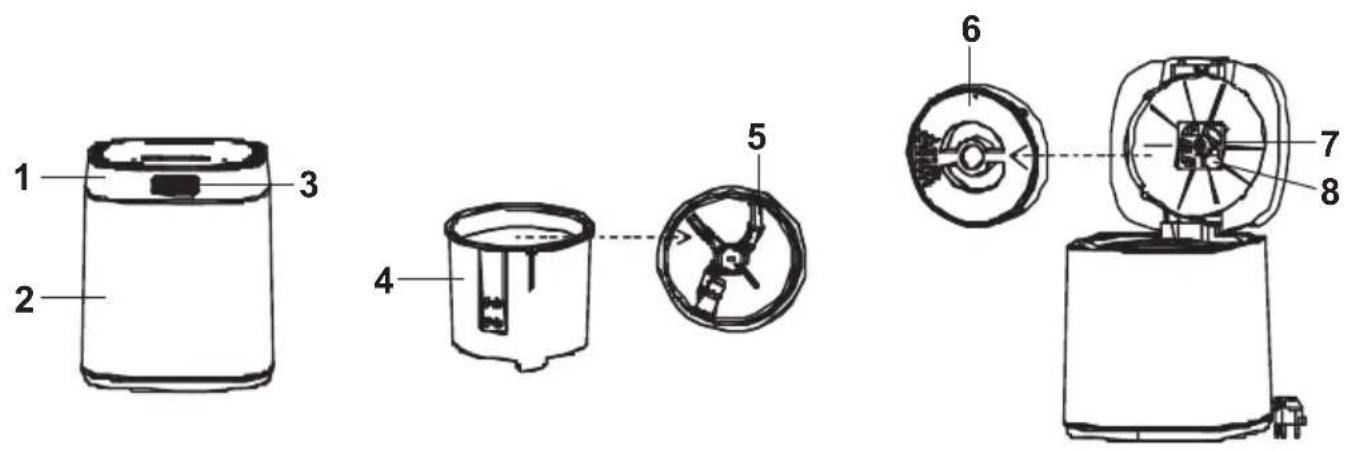 Technical diagram of a portable electronic device with labeled parts including a cylindrical container, internal components, and a multi-chamber fan assembly.