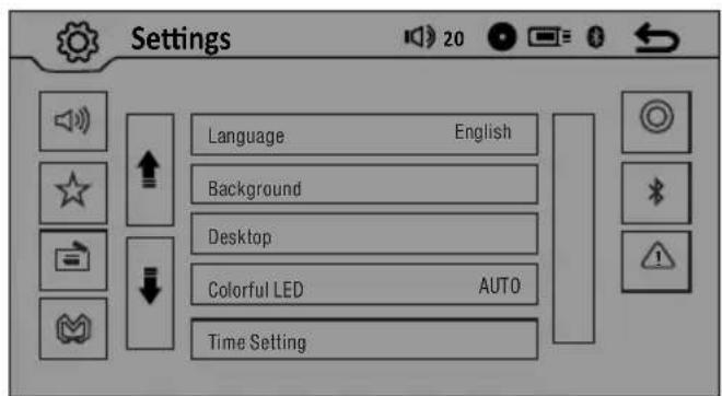 Settings Language English Background Desktop Colorful LED AUTO Time Setting