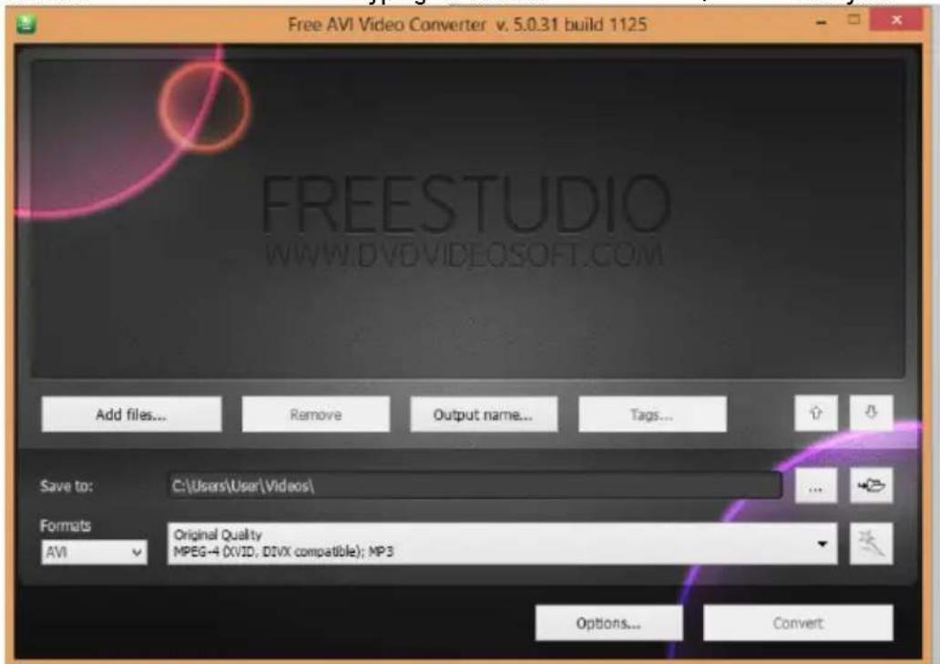 Free AVI Video Converter v. 5.0.31 build 1125 FREESTUDIO WWW.DVDVIDEOSOFT.COM Add files... Remove Output name... Tags... Save to: C:\Users\User\Videos\ Formats AVI Original Quality MPEG-4 (XVID, DVX compatible); MP3 Options... Convert