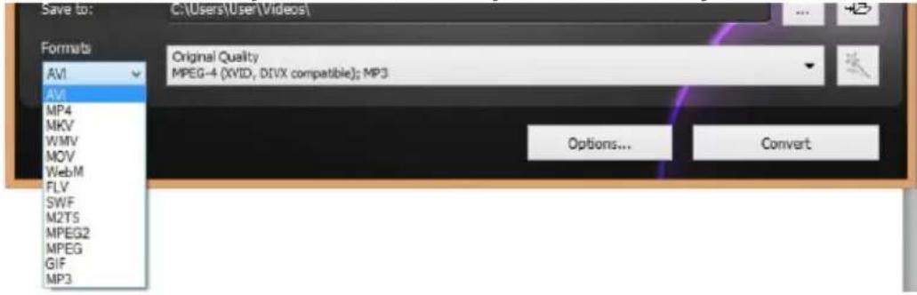 Save to: C:\Users\User\Videos\ Formats AV1 AVI MP4 MKV WMV MOV WebM FLV SWF M2TS MPEG2 MPEG GIF MP3 Original Quality MPEG-4 (XVID, DIVX compatible); MP3 Options... Convert