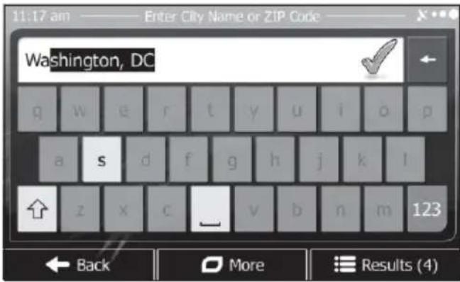 11:17 am ———— Enter City Name or ZIP Code ———— X··· Washington, DC g w e r t y u i o p a s d f g h j k l ↑ z x c _ v b n m 123 ← Back More Results (4)