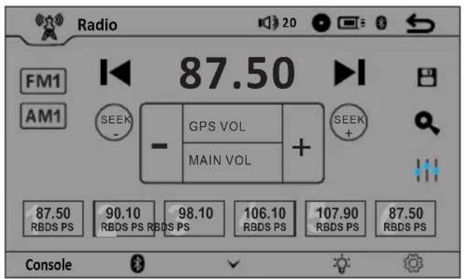 FM1 AM1 SEEK - GPS VOL MAIN VOL + SEEK + 87.50 RBDS PS 90.10 RBDS PS RBDS PS 98.10 RBDS PS 106.10 RBDS PS 107.90 RBDS PS 87.50 RBDS PS Console