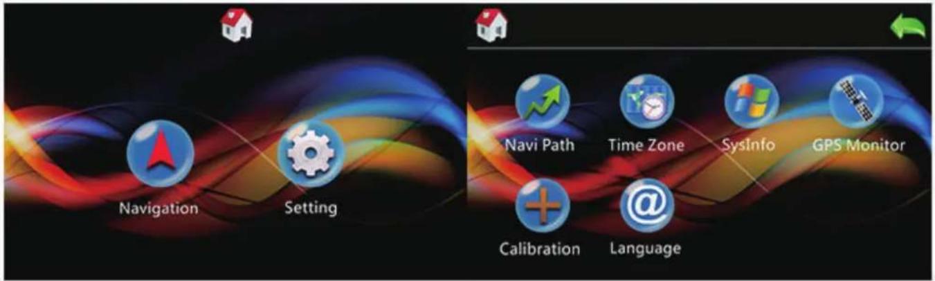 Navigation Setting Navi Path Time Zone SysInfo GPS Monitor Calibration Language