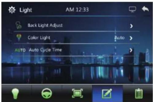 Light AM 12:33 Back Light Adjust > Color Light Auto > AUTO Auto Cycle Time >
