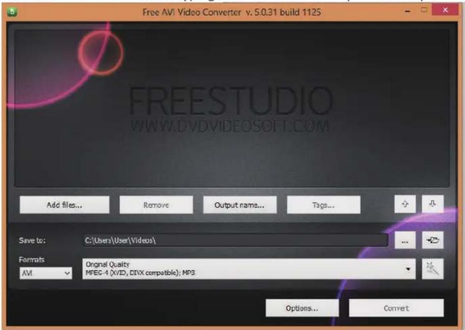 Free AVI Video Converter v. 5.0.31 build 1125 FREESTUDIO WWW.DVDVIDEOSOFT.COM Add files... Remove Output name... Tags... Save to: C:\Users\User\Videos\ Formats Original Quality AVM MFEG-4 (XVID, DIIX compatible); MP3 Options... Convert