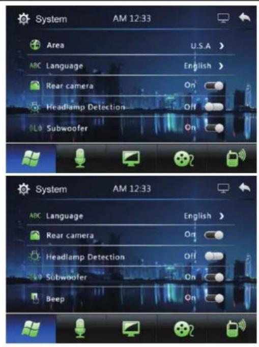 System AM 12:33 Area U.S.A > ABC Language English > Rear camera On Headlamp Detection Off Subwoofer On System AM 12:33 ABC Language English > Rear camera On Headlamp Detection Off Subwoofer On Beep On