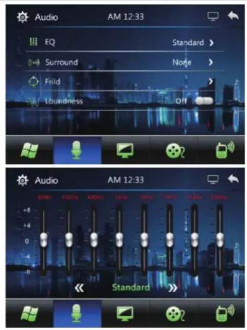 Audio AM 12:33 EQ Standard > Surround Node > Frid > Soundness Off Audio AM 12:33 80Hz 150Hz 400Hz 1MHz 9MHz 1.5GHz 200Hz +8 0 -4 -8 << Standard >>
