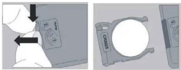 Technical diagram showing a hand pressing a button labeled '①' and a circular component labeled 'CR0024', with arrows indicating motion or assembly.