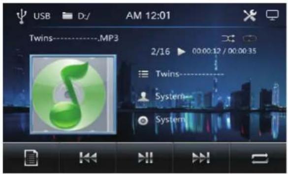 USB D:/ AM 12:01 Twins----MP3 2/16 ▶ 00:00:12 / 00:00:35 Twins---- System- System