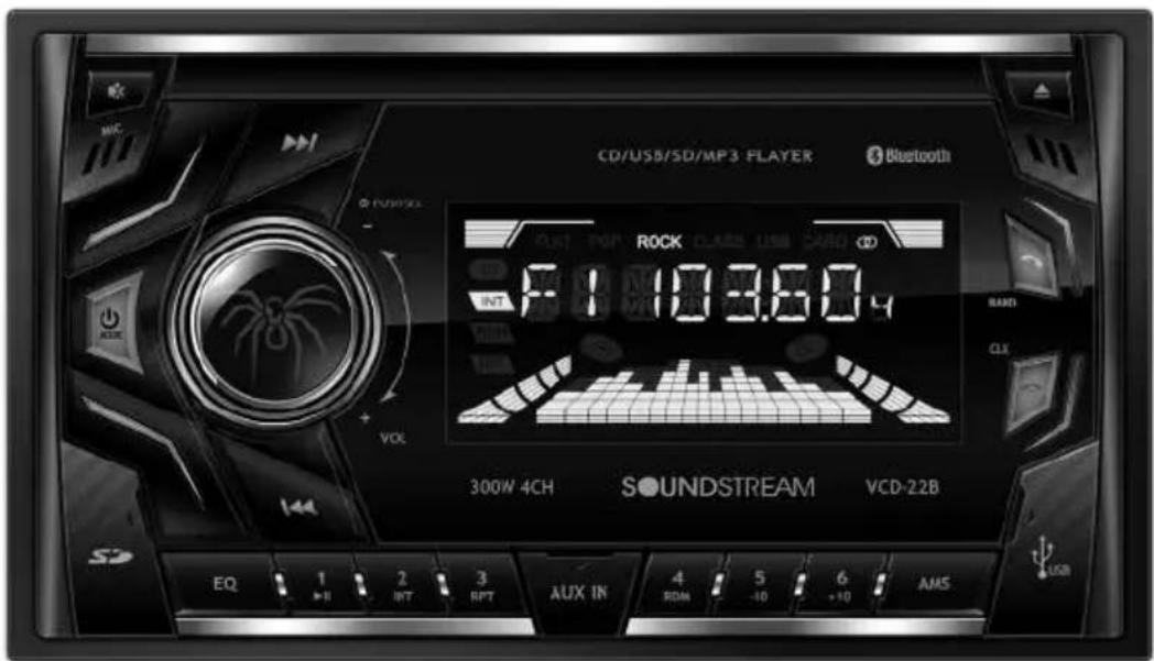CD/USB/SD/MP3-FLAYER Bluetooth RCK INT 10 3.6.4 300W 4CH SOUNDSTREAM VCD-22B EQ 1 2 3 4 5 6 +II INT RPT AUX IN RDM -10 +10 AMS USB