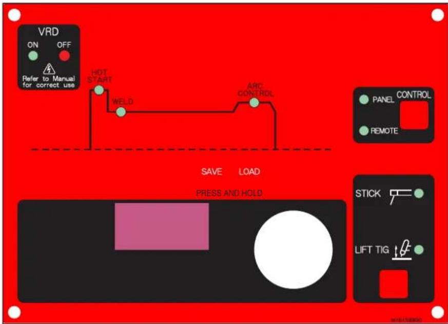 VRD ON OFF Refer to Manual for correct use HOT START WELD ARC CONTROL PANEL CONTROL REMOTE SAVE LOAD PRESS AND HOLD STICK LIFT TIG