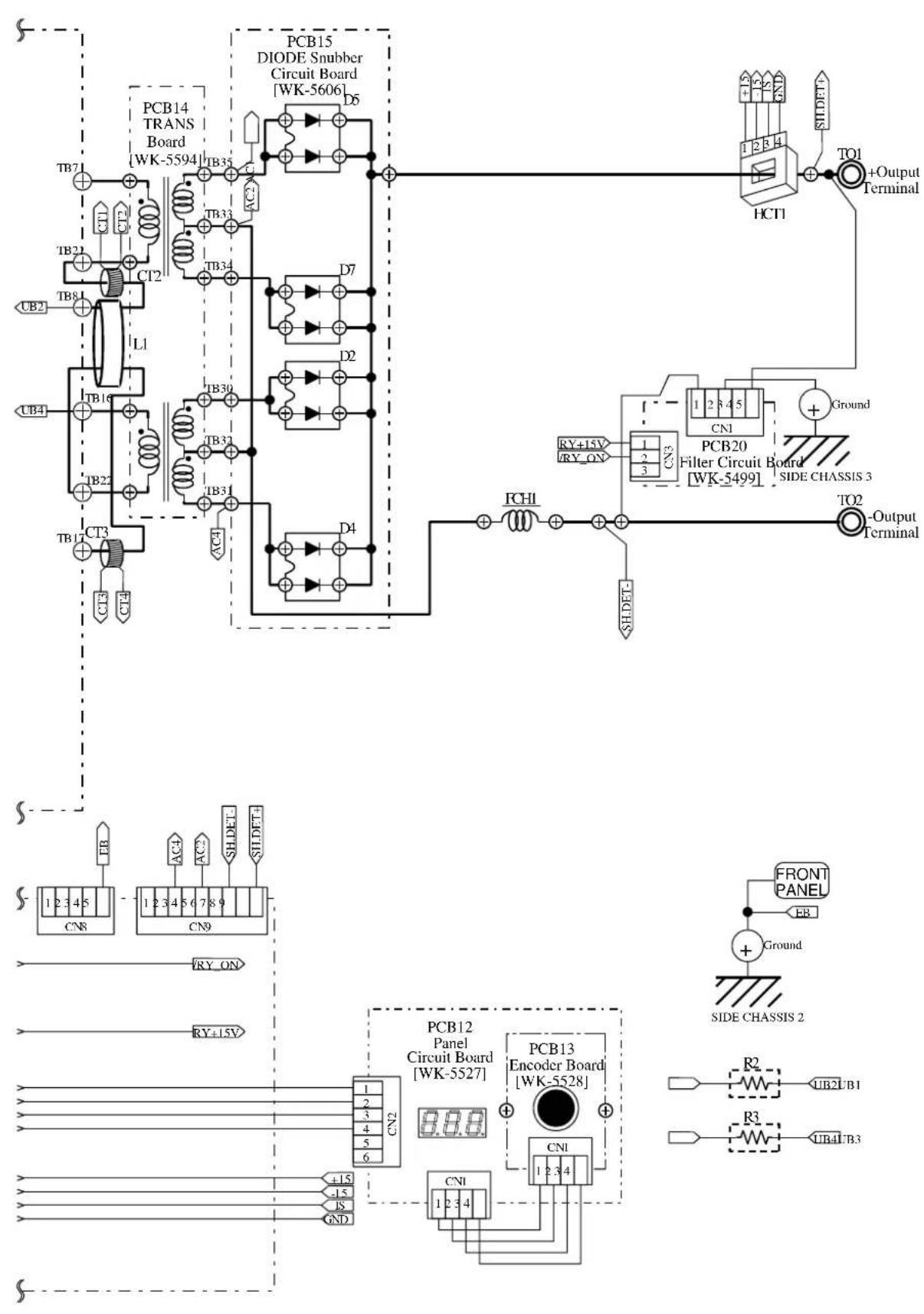 PCB14 TRANS Board [WK-5594] TB7 TB2 TB8 UB2 UB16 UB22 TB1 CT3 CT2 L1 TB35 TB33 TB34 TB30 TB32 TB31 D5 D7 D2 D4 FCH1 SH.DET- TO1+Output Terminal HCT1 RY+15V RY_ON CN1 CN3 PCB20 Filter Circuit Board [WK-5499] SIDE CHASSIS 3 Ground TO2-Output Terminal FRONT PANEL EB Ground SIDE CHASSIS 2 R2 UB2UB1 R3 UB4UB3 PCB12 Panel Circuit Board [WK-5527] PCB13 Encoder Board [WK-5528] CN1 CN2 CN1 CN1 CN1 CN1 CN1 CN1 CN1 CN1 CN1 CN1 CN1 CN1 CN1 CN1 CN1 CN1 CN1 CN1 CN1 CN1 CN1 CN1 CN1 CN1 CN1 CN1 CN1 CN1 CN1 CN1 CN1 CN1 CN1 CN1