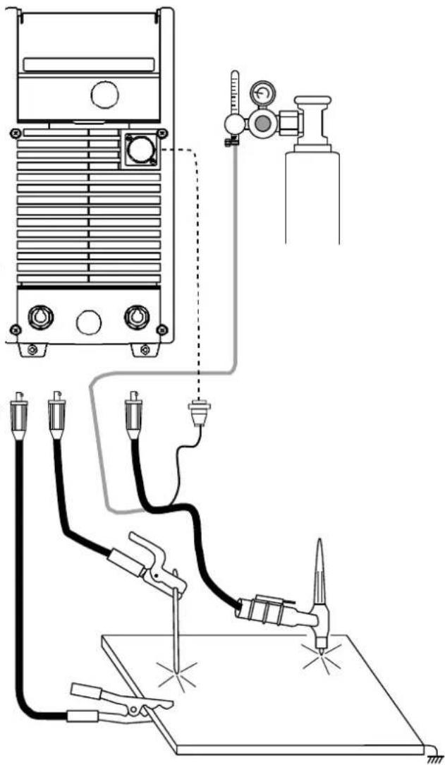 Technical diagram showing electrical connections and components of a welding or welding setup with labeled parts and wiring.