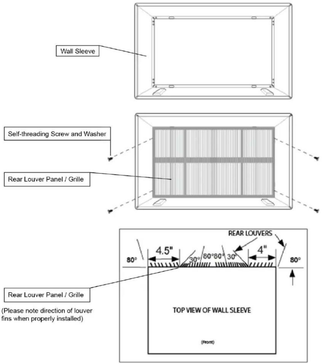 Wall Sleeve Self-threading Screw and Washer Rear Louver Panel / Grille Rear Louver Panel / Grille (Please note direction of louver fins when properly installed) TOP VIEW OF WALL SLEEVE (Front) REAR LOUVERS 4.5" 30° 80°80° 30° 4" 80° 80°
