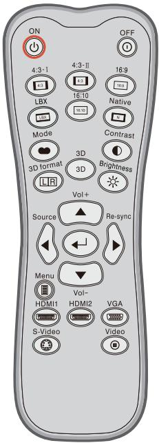 ON OFF 4:3-1 4:3-II 16:9 LBX 16:10 Native Mode Contrast 3D format 3D Brightness UR Vol+ Source Re-sync Menu Vol- HDMI2 VGA S-Video Video