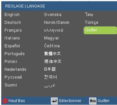 REGLAGE | LANGUAGE English Svenska Υπι Deutsch Norsk/Dansk Türkçe Français ελληνικά Quitter Italiano Magyar Español Čeština Português 繁體中文 Polski 簡体中文 Nederlands 日本語 Русский 한국어 Suomi عربي Haut Bas Sélectionner Menu Quitter