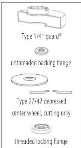 Type 1/41 guard* unthreaded backing flange Type 27/42 depressed center wheel, cutting only threaded locking flange