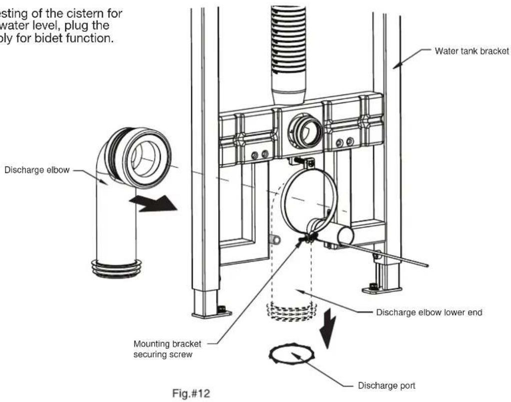 Resting of the cistern for water level, plug the ply for bidet function. Water tank bracket Discharge elbow Mounting bracket securing screw Discharge elbow lower end Discharge port Fig.#12
