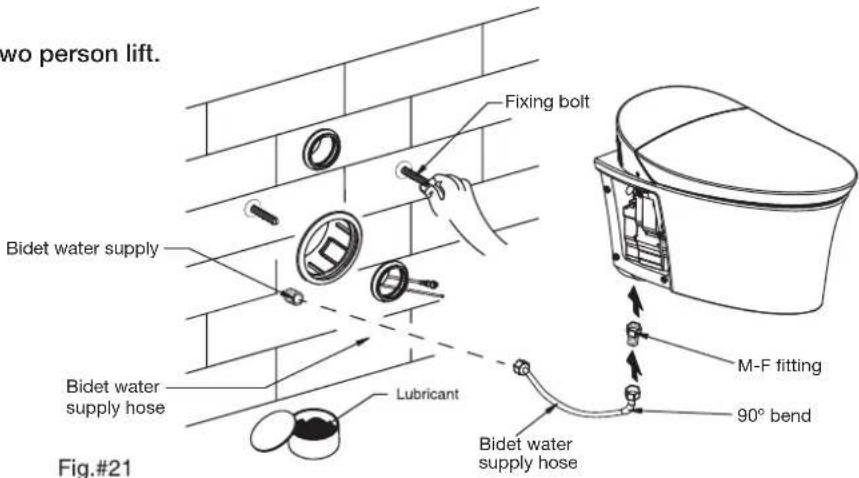 two person lift. Fixing bolt Bidet water supply Lubricant M-F fitting 90° bend Fig.#21