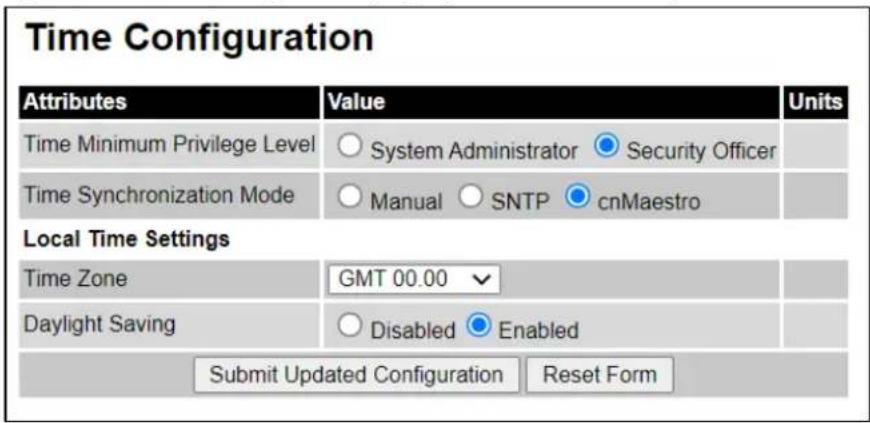 Time Configuration Attributes Value Units Time Minimum Privilege Level ○ System Administrator ● Security Officer Time Synchronization Mode ○ Manual ○ SNTP ● cnMaestro Local Time Settings Time Zone GMT 00.00 Daylight Saving ○ Disabled ● Enabled Submit Updated Configuration Reset Form