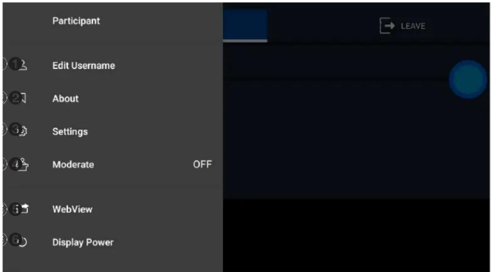 Participant Edit Username About Settings Moderate OFF WebView Display Power