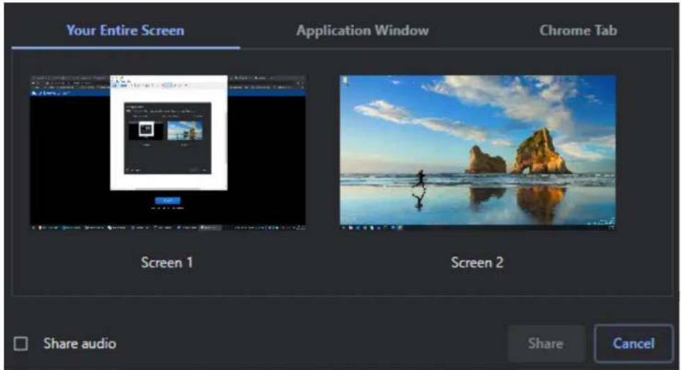 Your Entire Screen Application Window Chrome Tab Screen 1 Screen 2 Share audio Share Cancel