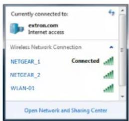 Currently connected to: extron.com Internet access Wireless Network Connection NETGEAR_1 Connected NETGEAR_2 WELAN-01 Open Network and Sharing Center