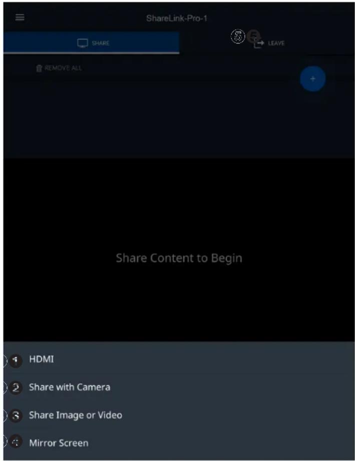 ShareLink-Pro-1 SHARE REMOVE ALL Share Content to Begin HDMI Share with Camera Share Image or Video Mirror Screen