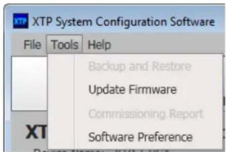 XTP System Configuration Software File Tools Help Backup and Restore Update Firmware Commissioning Report Software Preference