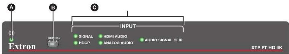 A B C INPUT Extron SIGNAL HDMI AUDIO HDCP ANALOG AUDIO AUDIO SIGNAL CLIP XTP FT HD 4K