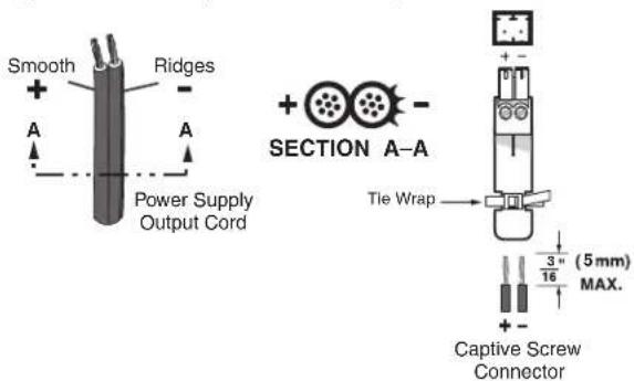 Smooth Ridges A A Power Supply Output Cord SECTION A-A Tie Wrap + - (5 mm) 3" 16" MAX. Captive Screw Connector