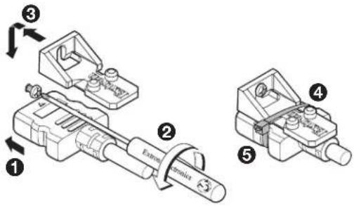 Technical diagram of a mechanical assembly with numbered components and directional arrows indicating motion or assembly steps.