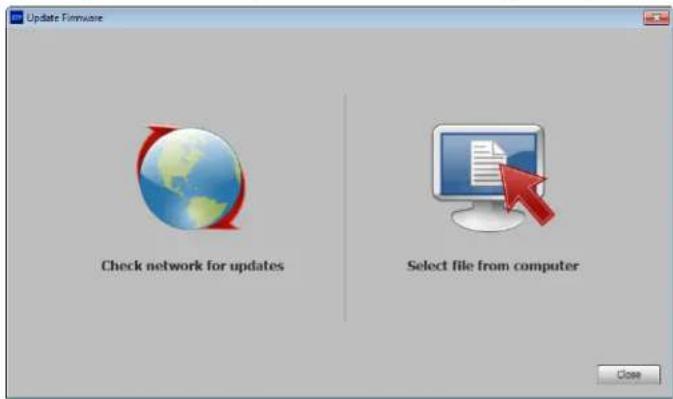 Update Firmware Check network for updates Select file from computer Close