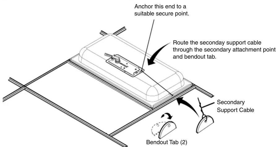 Anchor this end to a suitable secure point. Route the secondary support cable through the secondary attachment point and bendout tab. Secondary Support Cable Bendout Tab (2)