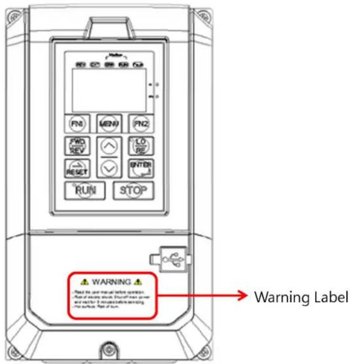 OK CC OR ON FN MEN FNZ FWD REV LO RE RESET ENTER RUN STOP WARNING - Read the user manual before operation - Run of remote drive. Short/long power and switch 3 seconds before mounting - Run off bus. Warning Label