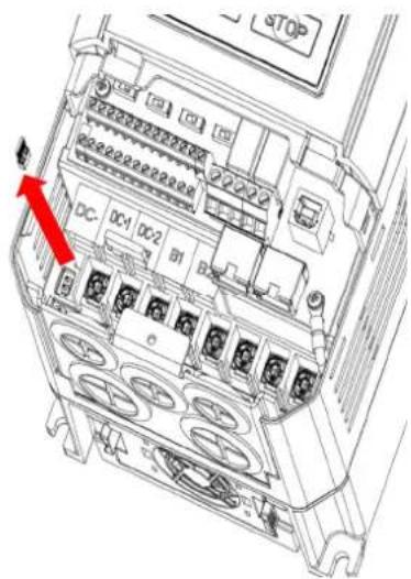 Technical diagram of an electronic device rear panel with labeled ports and a red arrow indicating a component or connection.
