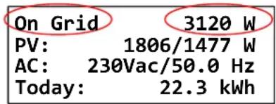 On Grid 3120 W PV: 1806/1477 W AC: 230Vac/50.0 Hz Today: 22.3 kWh