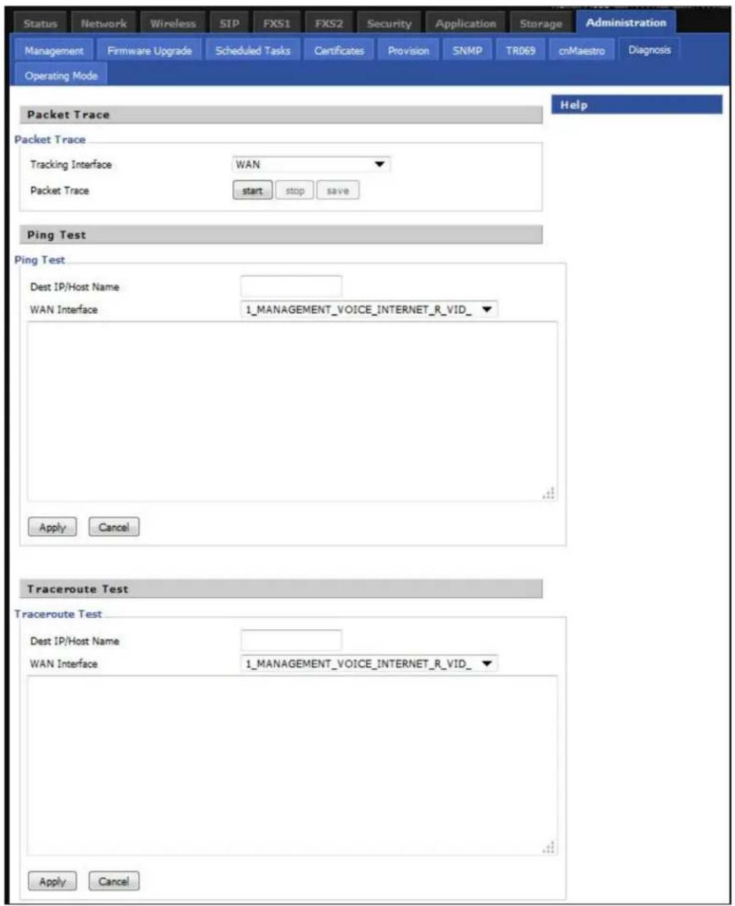 Status Network Wireless SIP FXS1 FXS2 Security Application Storage Administration Management Firmware Upgrade Scheduled Tasks Certificates Provision SNMP TR069 cnMaestro Diagnosis Operating Mode Packet Trace Help Packet Trace Tracking Interface WAN Packet Trace start stop save Ping Test Ping Test De…