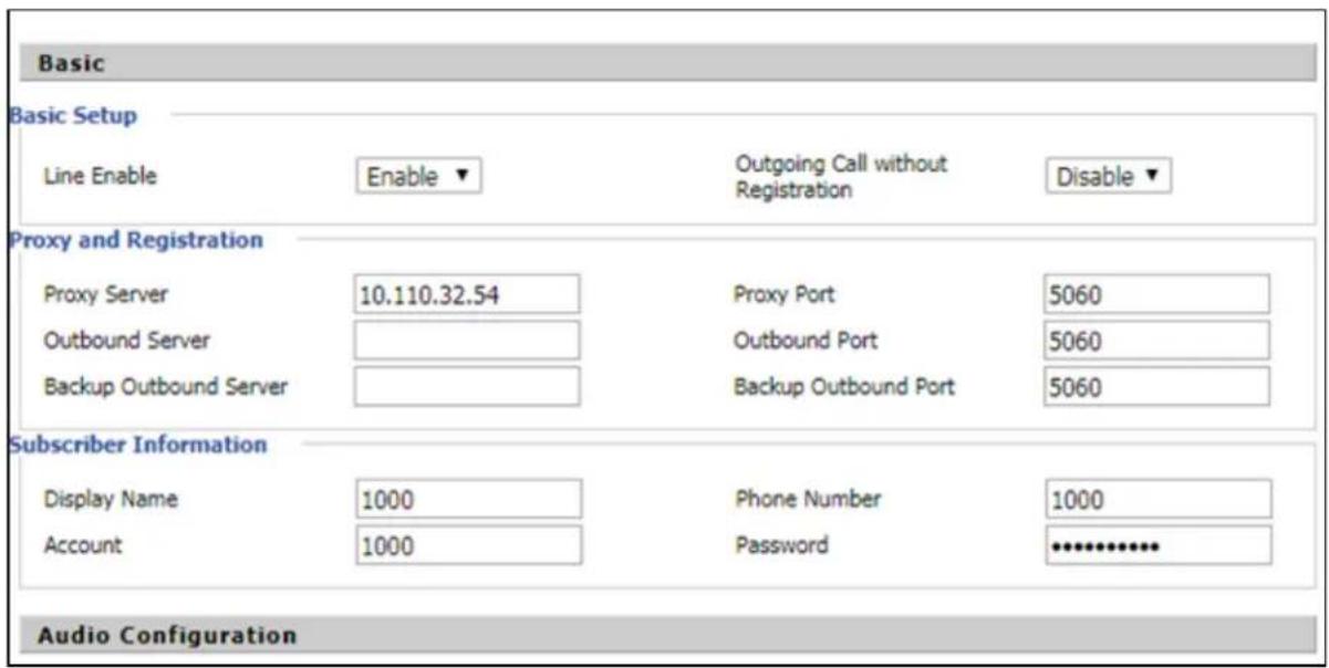 Basic Basic Setup Line Enable Enable Outgoing Call without Registration Disable ▼ Proxy and Registration Proxy Server 10.110.32.54 Proxy Port 5060 Outbound Server Backup Outbound Server Backup Outbound Port 5060 Subscriber Information Display Name 1000 Phone Number 1000 Account 1000 Password *******…
