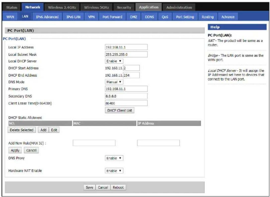 Status Network Wireless 2.4GHz Wireless 5GHz Security Application Administration WAN LAN IPv6 Advanced IPv6 LAN VPN Port Forward DMZ DDNS QoS Port Setting Routing Advance PC Port(LAN) PC Port(LAN) Local IP Address 192.168.11.1 Local Subnet Mask 255.255.255.0 Local DHCP Server Enable ▼ DHCP Start Add…
