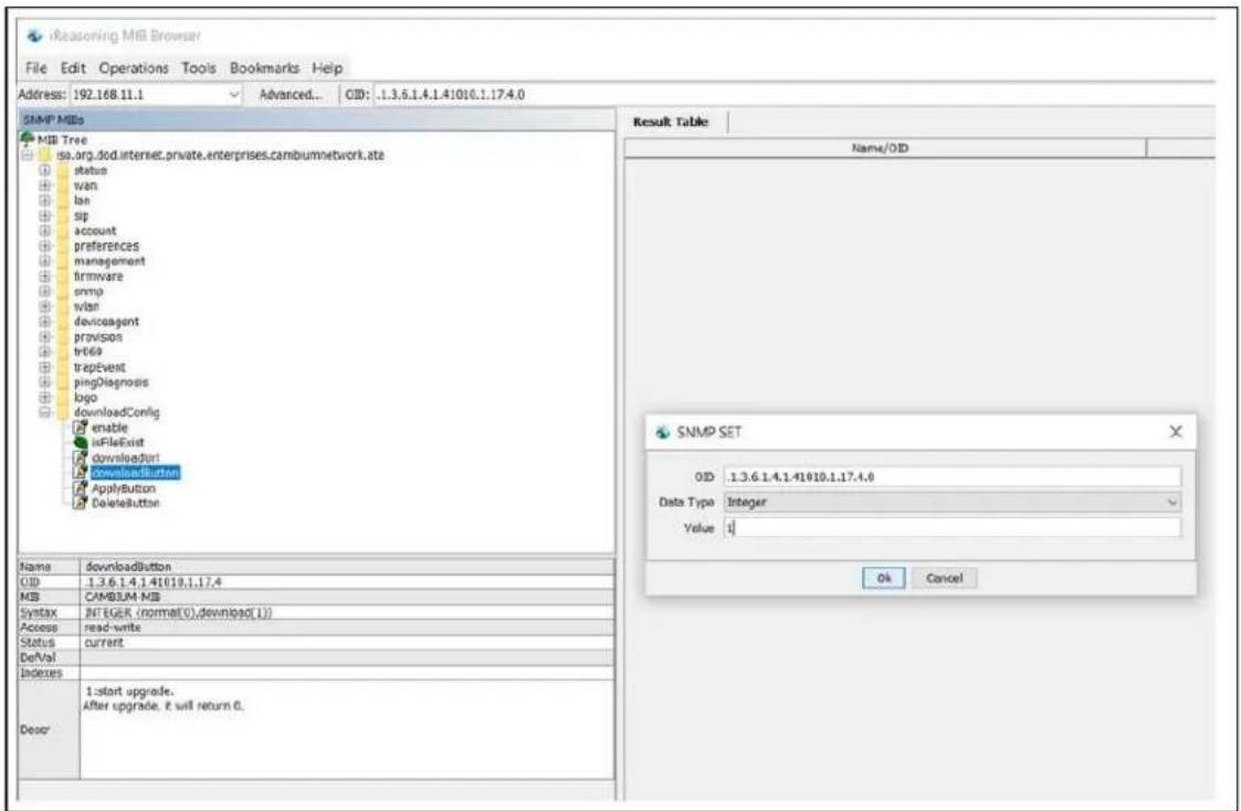 iReasoning MIB Browser File Edit Operations Tools Bookmarks Help Address: 192.168.11.1 Advanced... CID: 1.3.5.1.4.1.41010.1.17.4.0 SNMP MIBs MIB Tree iso.org.dod.internet.private.enterprises.cambiumnetwork.ata status wan lan sip account preferences management firmware snmp wlan deviceagent previson…