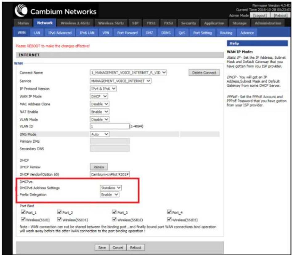 Cambium Networks Status Network Wireless 2.4GHz Wireless SGHz SIP FXS1 FXS2 Security Application Storage Administration WAN LAN IPv6 Advanced IPv6 LAN VPN Port Forward DMZ DDNS QoS Port Setting Routing Advance Please REBOOT to make the changes effective! INTERNET WAN Connect Name 1_MANAGEMENT_VOICE_…