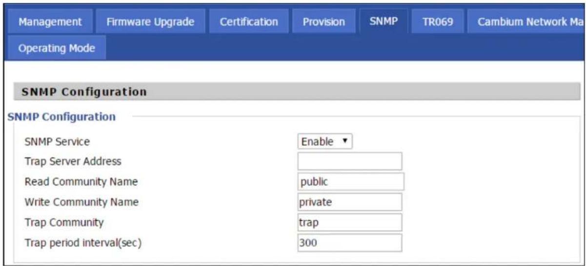 Management Firmware Upgrade Certification Provision SNMP TR069 Cambium Network Ma Operating Mode SNMP Configuration SNMP Configuration SNMP Service Enable ▼ Trap Server Address public Read Community Name private Write Community Name trap Trap Community trap period interval(sec) 300