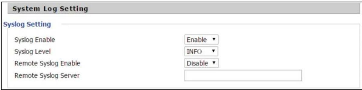 System Log Setting Syslog Setting Syslog Enable Enable Syslog Level INFO Remote Syslog Enable Disable Remote Syslog Server