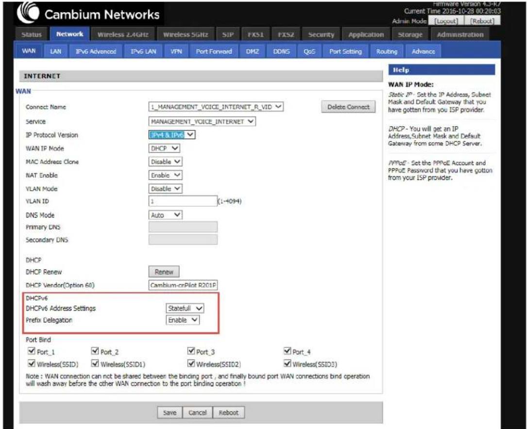 Cambium Networks Status Network Wireless 2.4GHz Wireless 5GHz SIP FXS1 FXS2 Security Application Storage Administration WAN LAN IPv6 Advanced IPv6 LAN VPN Port Forward DMZ DDNS QoS Port Setting Routing Advance INTERNET WAN Connect Name 1_MANAGEMENT_VOICE_INTERNET_R_VID Delete Connect Service MANAGEM…