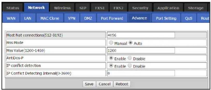 Status Network Wireless SIP FXS1 FXS2 Security Application Storage WAN LAN MAC Clone VPN DMZ Port Forward Advance Port Setting QoS Rout Most Nat connections(512-8192) 4096 Mss Mode Manual Auto Mss Value(1260-1450) 1260 AntDos-P Enable Disable IP conflict detection Enable Disable IP Conflict Detectin…